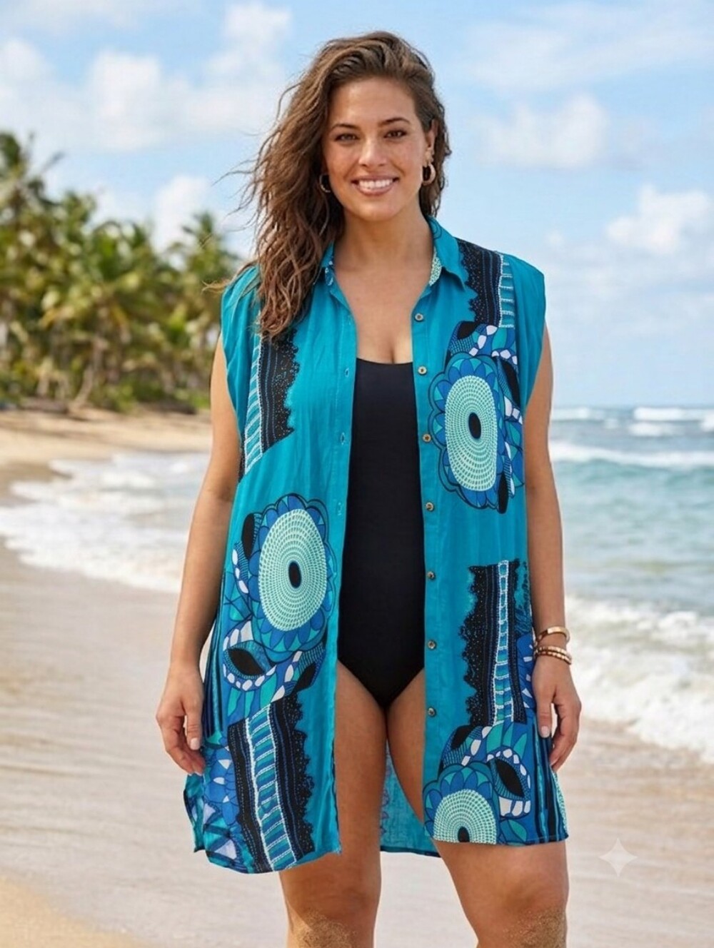 ROCKPORT Teal Print Sleeveless Swim Cover-Up 27" PTP